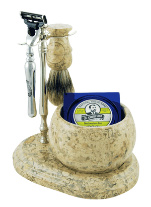 Chrome & Fossil Safety Razor + Shave Brush Stand with Base and Fossil Bowl