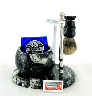 Chrome & Marble Safety Razor + Shave Brush Stand with Base and Marble Bowl