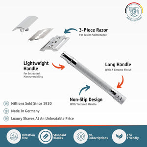 Merkur 23C 3-Piece DE Safety Razor, Closed Comb, Knurled Extra Long Handle, Chrome