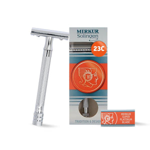 Merkur 23C 3-Piece DE Safety Razor, Closed Comb, Knurled Extra Long Handle, Chrome