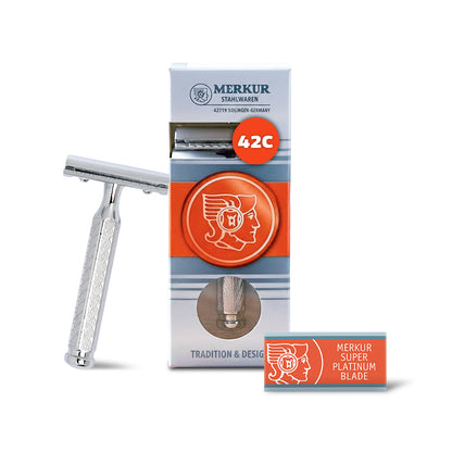 Merkur 42C 3-Piece DE Safety Razor, Closed Comb, Classic 1906 Etched Handle, Chrome