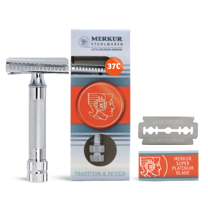 Rasoir de sécurité Merkur 37C à double tranchant, coupe oblique, manche extra épais, chrome
