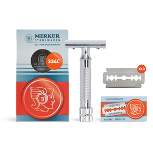 Merkur 334C HD Lot de rasoirs à double tranchant avec manche compact, finition chromée, 10 lames