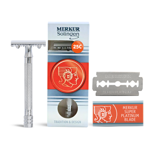 Merkur 3-Piece DE Safety Razor, Open Tooth Comb, Knurled Extra Long Handle, Chrome