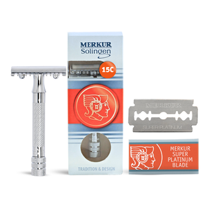 Merkur 3-Piece DE Safety Razor, Open Tooth Comb, Knurled Standard Handle, Chrome