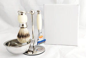 PureBadger Collection Cream 4pc Set, Faux Ivory Silvertip Shaving Brush, Fusion Razor, Stand & Bowl