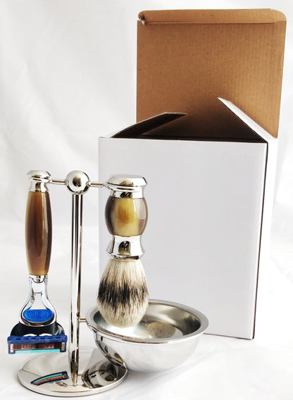 PB-45 PureBadger Collection Brown 4 pc Set, Faux Horn Silver Tip Shaving Brush, Fusion Razor, Stand & Bowl
