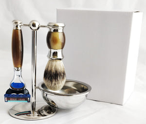 PB-45 PureBadger Collection Brown 4 pc Set, Faux Horn Silver Tip Shaving Brush, Fusion Razor, Stand & Bowl