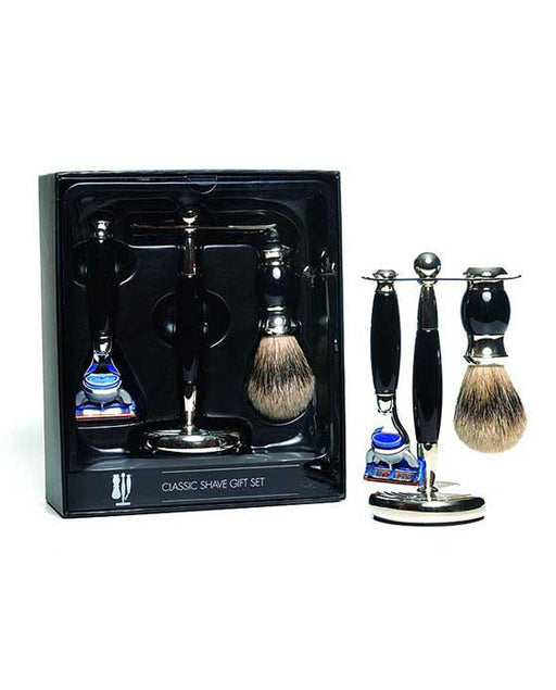 PureBadger Collection Black 3pc Shaving Set, Faux Ebony Silvertip Shaving Brush, Fusion Razor & Stand, 