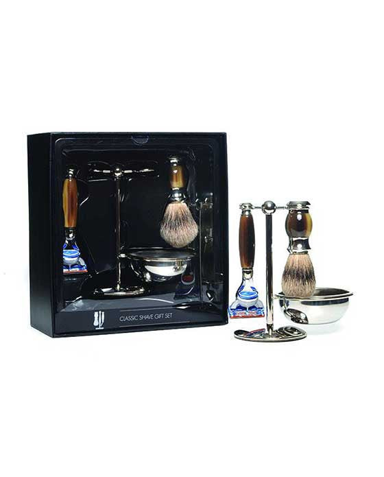 PureBadger Collection Brown 4pc Set, Faux Horn Silvertip Shaving Brush, Fusion Razor, Stand & Bowl, 
