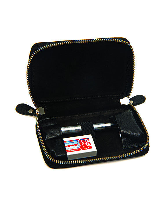 PB Black Pebble Leather DE Safety Razor Case, With Nubuck Lining, 